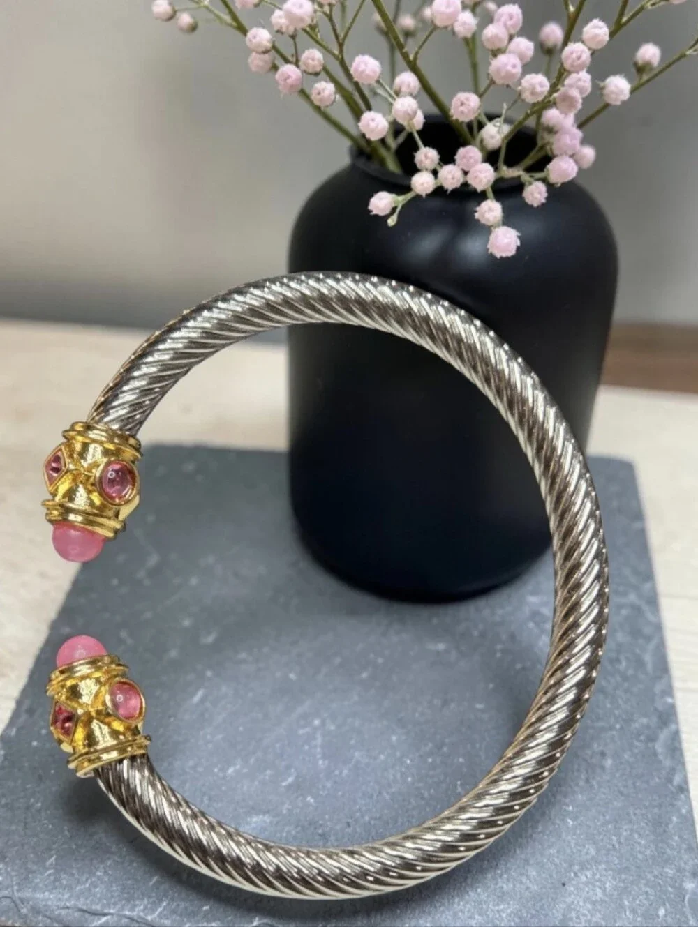 Luxury 18k Gold Plated 2 Tone Silver Twisted Cable Pastel Pink Crystal Bracelet